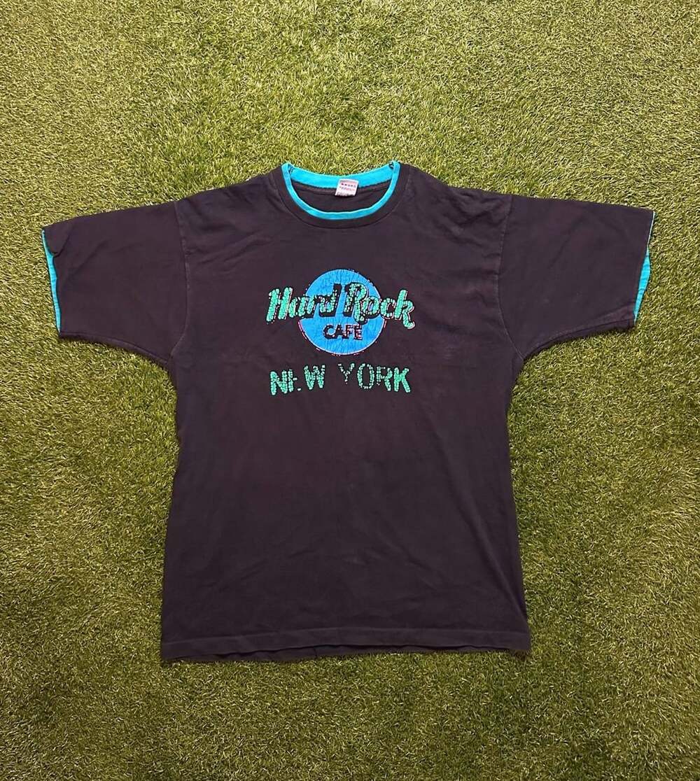 Vintage 1990s Distressed Hard Rock Cafe New York Ringer Shirt
